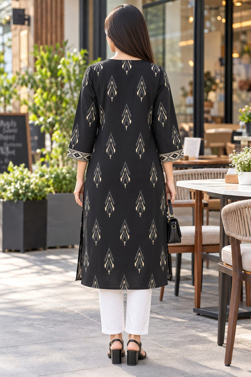Black Pure Cotton Ikat Printed Kurta For Women