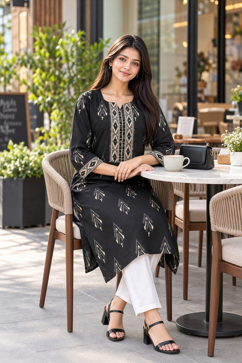 Black Pure Cotton Ikat Printed Kurta For Women