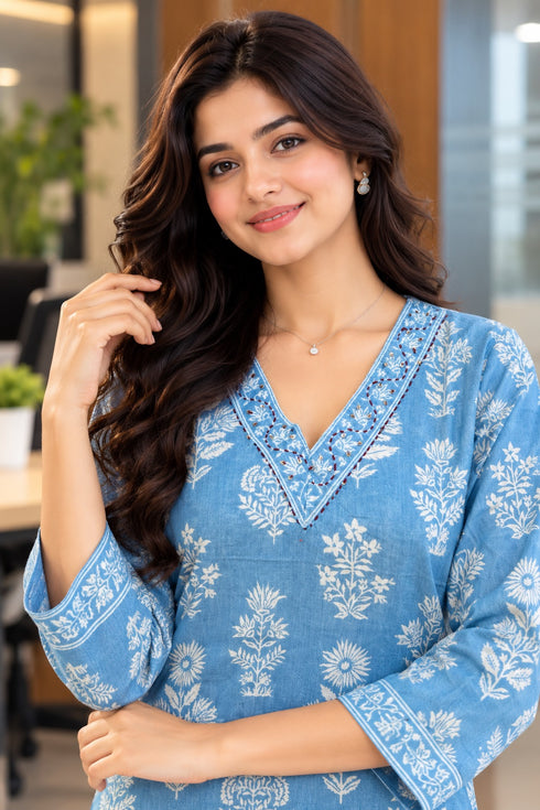 Sky Blue Pure Cotton Floral Block Printed Kurti
