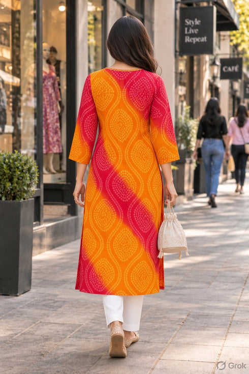 Orange & Red Pure Cotton Bandhej Printed Kurti
