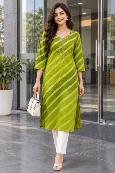 Parrot Green Pure Cotton Ikat Printed Kurta For Women