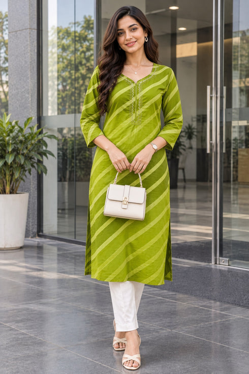 Parrot Green Pure Cotton Ikat Printed Kurta For Women