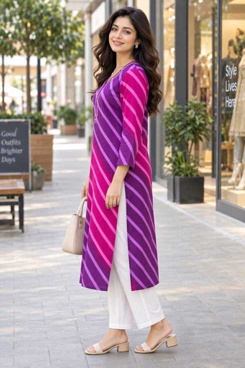 Purple & Pink Pure Cotton Ikat Printed Kurta For Women