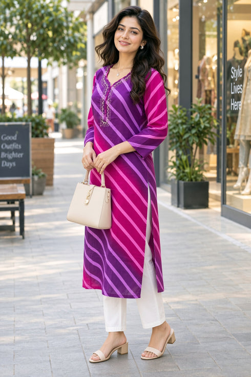 Purple & Pink Pure Cotton Ikat Printed Kurta For Women