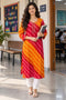 Orange & Red Pure Cotton Ikat Printed Kurta For Women