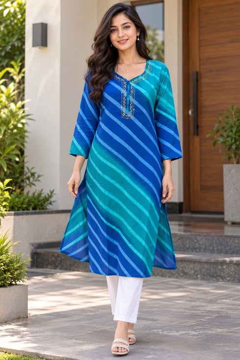 Blue Pure Cotton Ikat Printed Kurta For Women