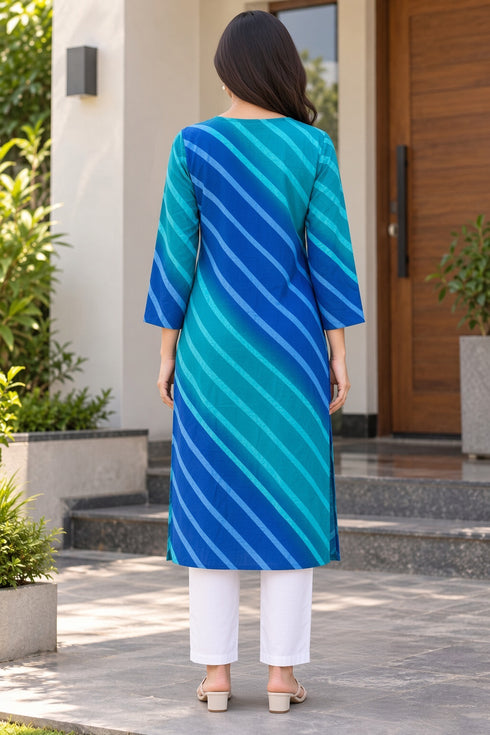 Blue Pure Cotton Ikat Printed Kurta For Women