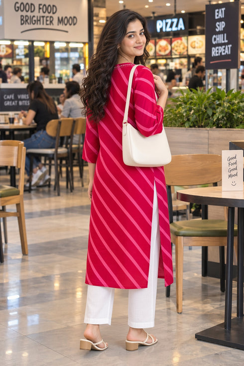 Pink & Red Pure Cotton Ikat Printed Kurta For Women