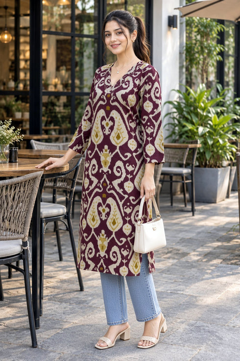 Wine Pure Cotton Ikat Printed Kurta For Women