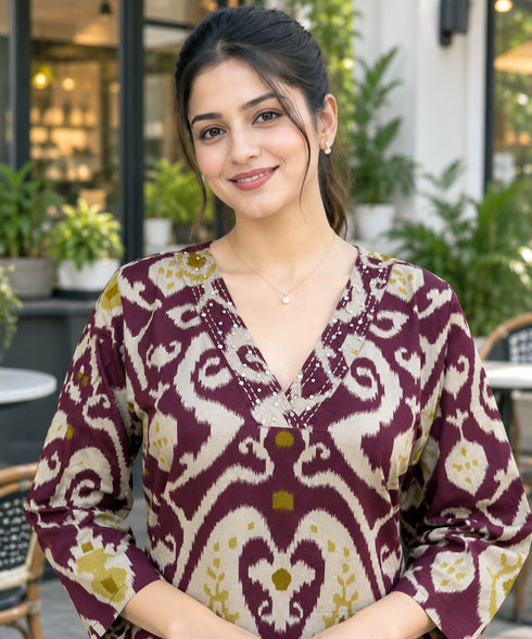 Wine Pure Cotton Ikat Printed Kurta For Women
