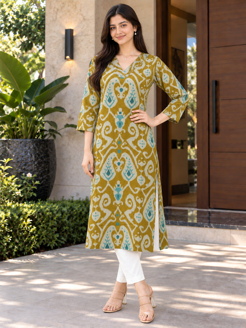 Mustard Yellow Pure Cotton Ikat Printed Kurta For Women