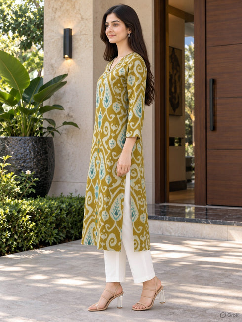 Mustard Yellow Pure Cotton Ikat Printed Kurta For Women