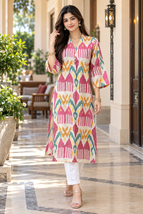 Pink & Beige Pure Cotton Ikat Printed Kurta For Women