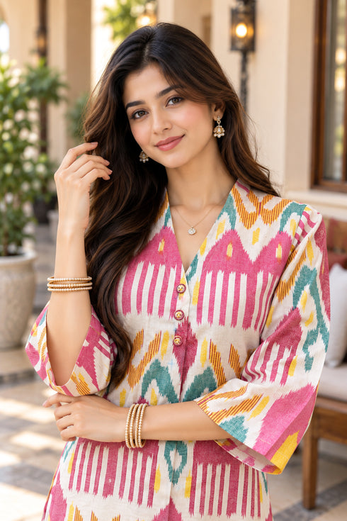 Pink & Beige Pure Cotton Ikat Printed Kurta For Women