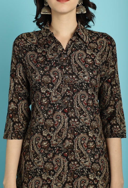 Black & Beige Rayon Jaipuri Printed Kurta With Pant