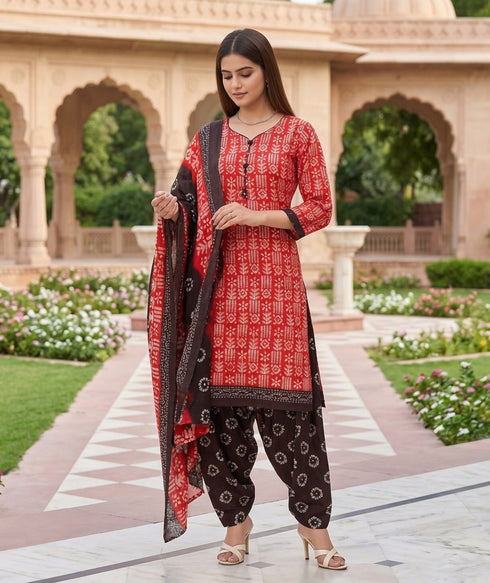 Red Cotton Blend Printed Ready to Wear Patiala Salwar Suit