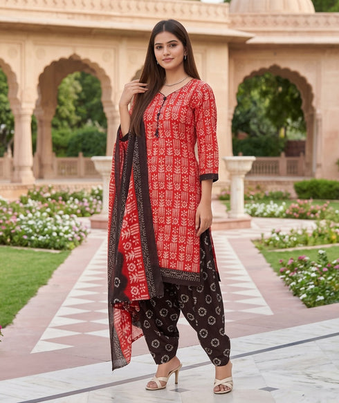 Red Cotton Blend Printed Ready to Wear Patiala Salwar Suit
