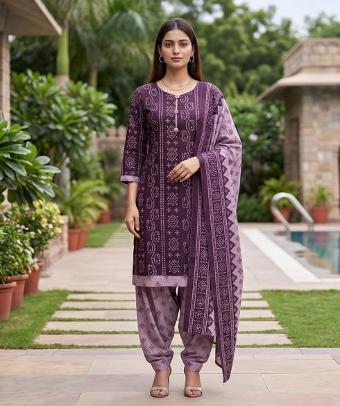 Purple Cotton Blend Printed Ready to Wear Patiala Salwar Suit