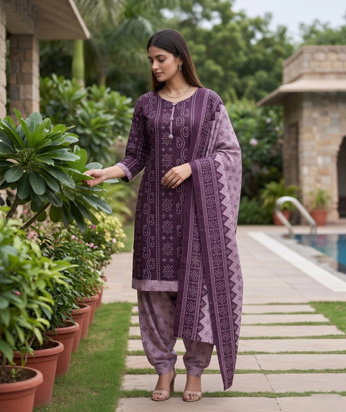 Purple Cotton Blend Printed Ready to Wear Patiala Salwar Suit