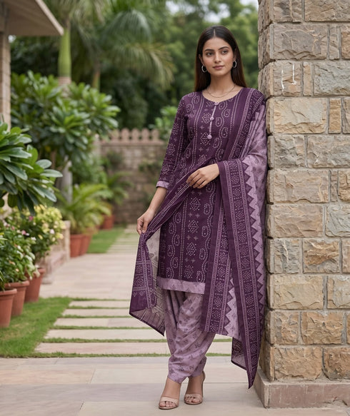 Purple Cotton Blend Printed Ready to Wear Patiala Salwar Suit