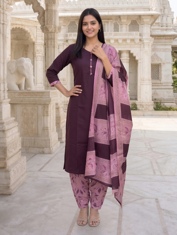 Wine Cotton Blend Floral Printed Ready to Wear Patiala Salwar Suit