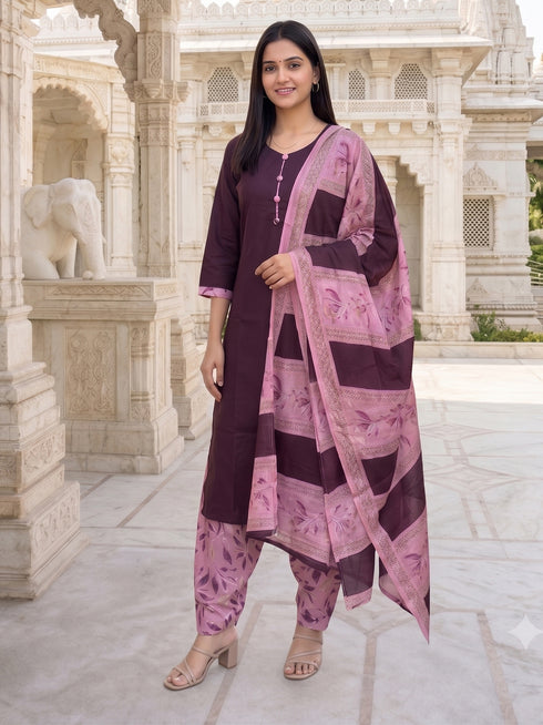 Wine Cotton Blend Floral Printed Ready to Wear Patiala Salwar Suit