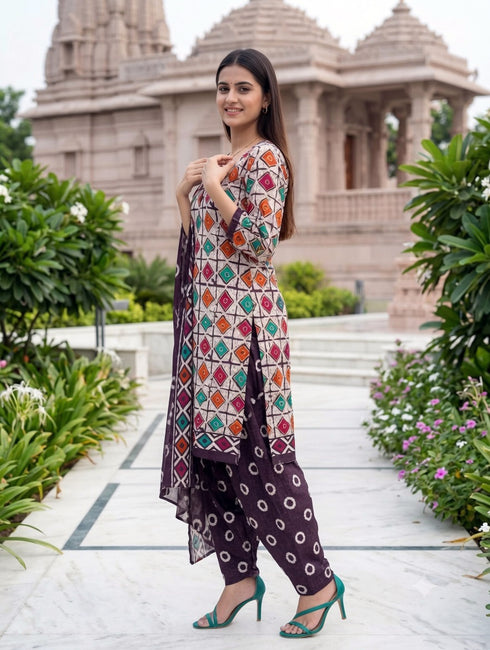 Beige & Wine Cotton Blend Printed Ready to Wear Patiala Salwar Suit