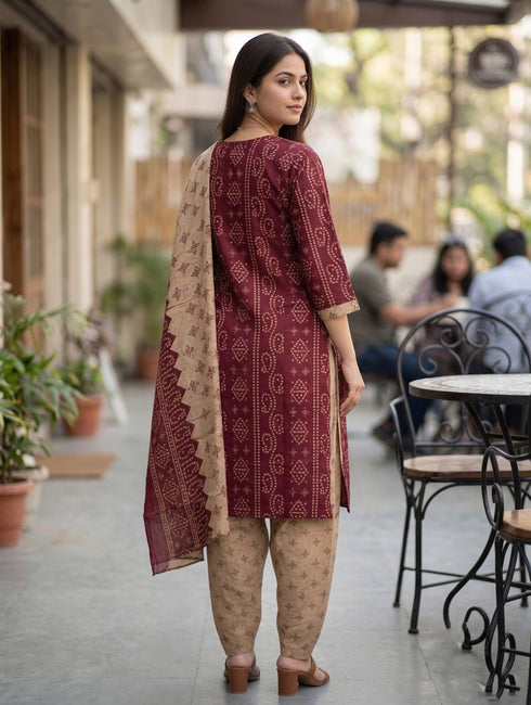 Maroon Cotton Blend Floral Printed Ready to Wear Patiala Salwar Suit