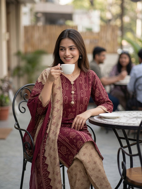 Maroon Cotton Blend Floral Printed Ready to Wear Patiala Salwar Suit