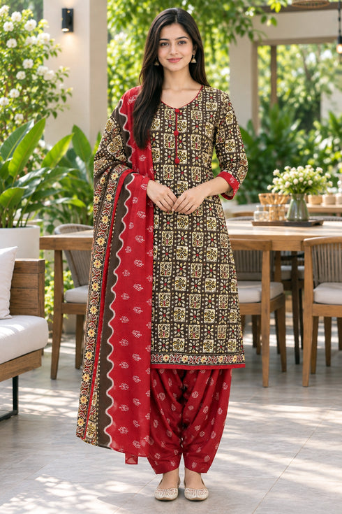 Brown Cotton Blend Printed Ready to Wear Patiala Salwar Suit