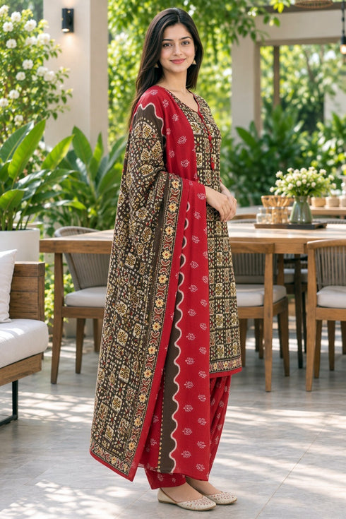 Brown Cotton Blend Printed Ready to Wear Patiala Salwar Suit