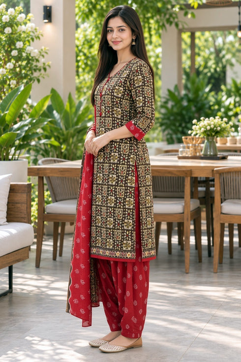 Brown Cotton Blend Printed Ready to Wear Patiala Salwar Suit