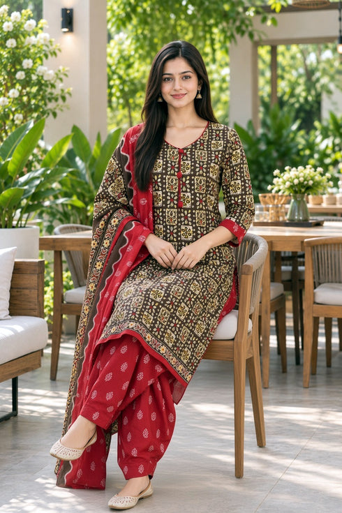 Brown Cotton Blend Printed Ready to Wear Patiala Salwar Suit