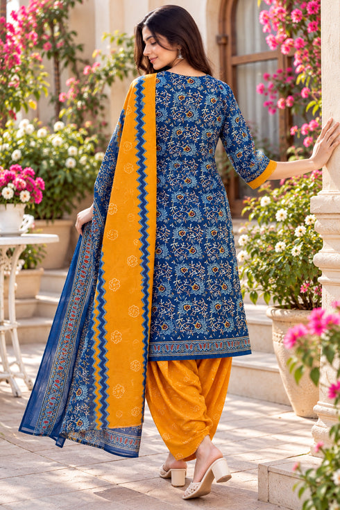 Teal Cotton Blend Printed Ready to Wear Patiala Salwar Suit