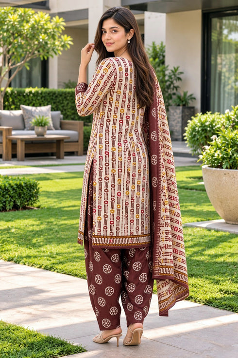 Beige Cotton Blend Printed Ready to Wear Patiala Salwar Suit