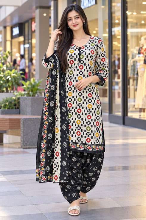 Off White Cotton Blend Printed Ready to Wear Patiala Salwar Suit