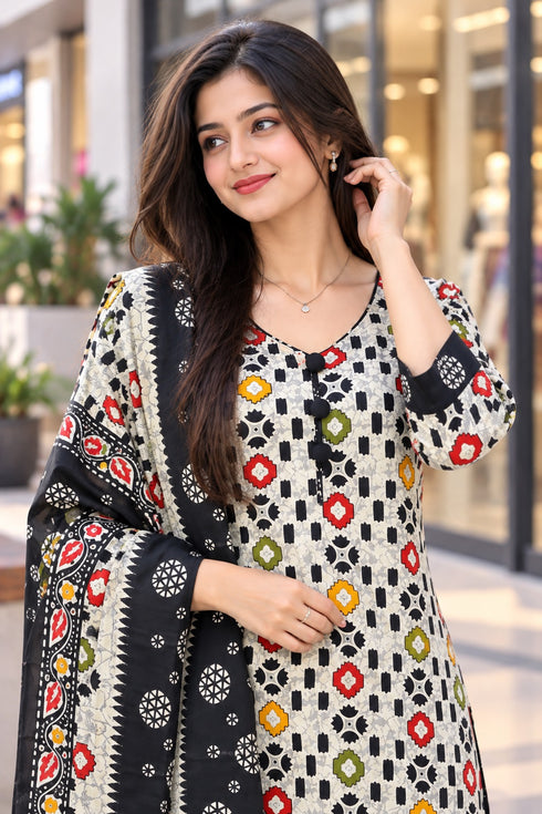 Off White Cotton Blend Printed Ready to Wear Patiala Salwar Suit