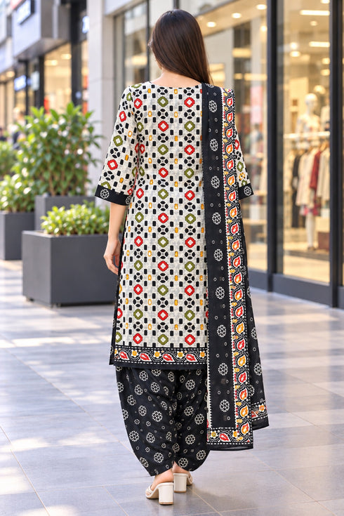 Off White Cotton Blend Printed Ready to Wear Patiala Salwar Suit