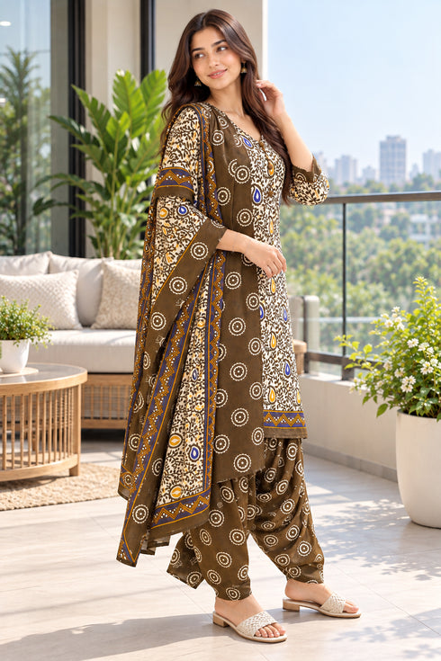 Beige Cotton Blend Printed Ready to Wear Patiala Salwar Suit