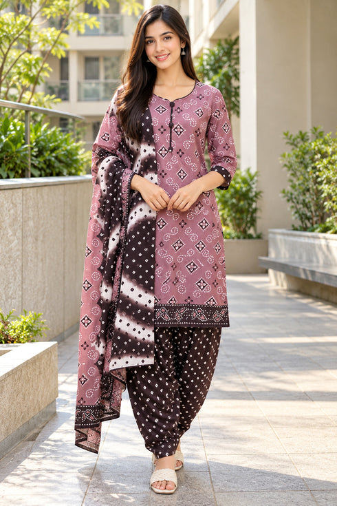 Dusty Pink Cotton Blend Printed Ready to Wear Patiala Salwar Suit