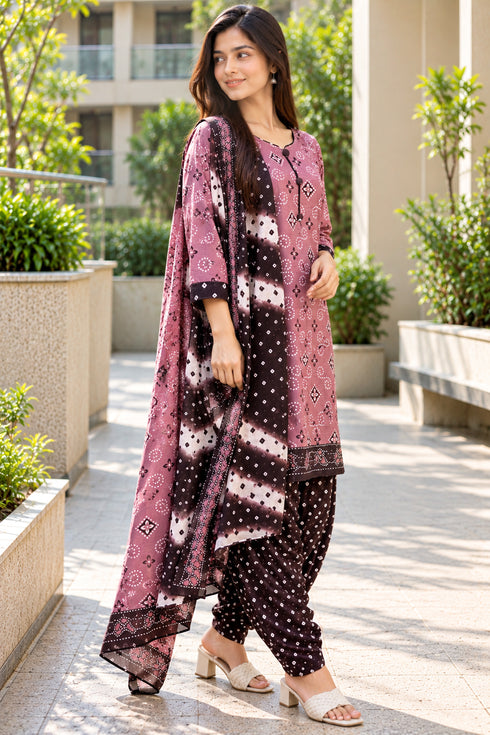Dusty Pink Cotton Blend Printed Ready to Wear Patiala Salwar Suit