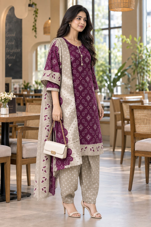 Wine Cotton Blend Printed Ready to Wear Patiala Salwar Suit