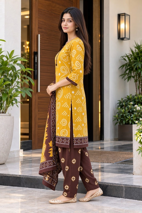 Mustard Cotton Blend Printed Ready to Wear Patiala Salwar Suit