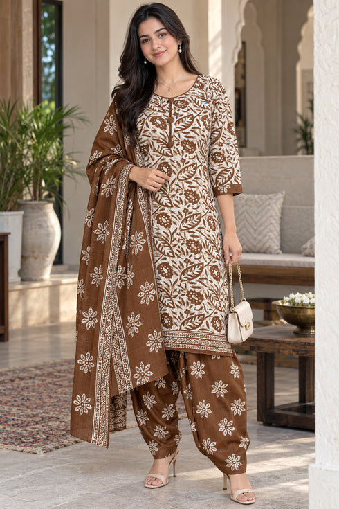 Beige Cotton Blend Printed Ready to Wear Patiala Salwar Suit