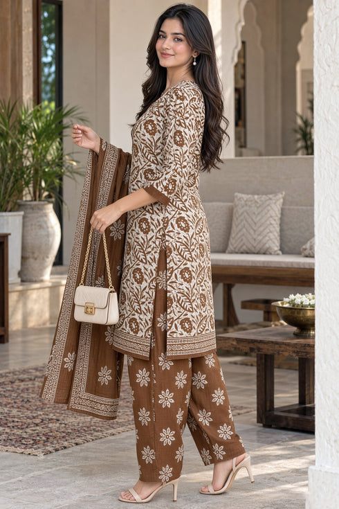 Beige Cotton Blend Printed Ready to Wear Patiala Salwar Suit