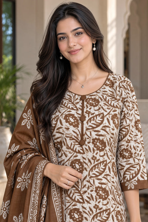 Beige Cotton Blend Printed Ready to Wear Patiala Salwar Suit