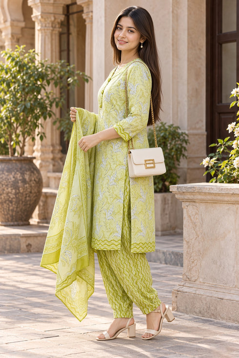 Parrot Green Cotton Blend Printed Ready to Wear Patiala Salwar Suit