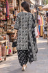 White & Black Cotton Blend Printed Ready to Wear Patiala Salwar Suit