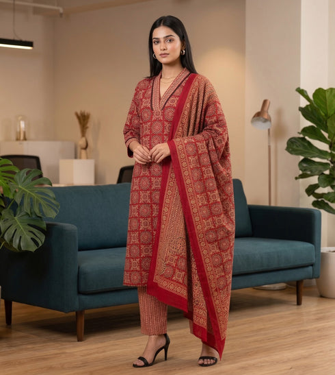 Red & Beige Cotton Blend Jaipuri Printed Kurta & Pant With Dupatta