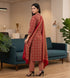 Red & Beige Cotton Blend Jaipuri Printed Kurta & Pant With Dupatta